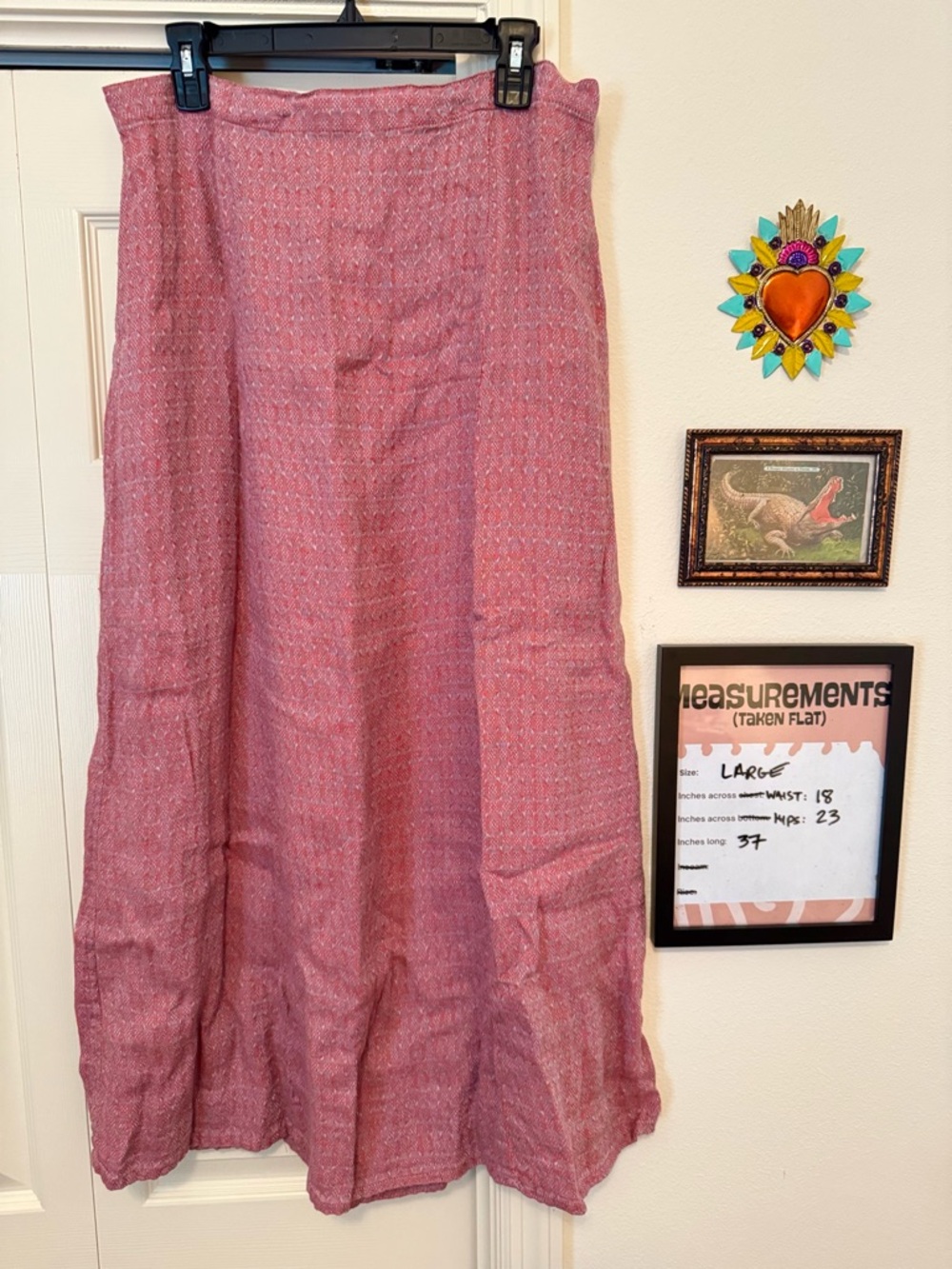 FLAX Linen A-Line Skirt Large Pink & Purple Lagenlook Elastic Waist Woven